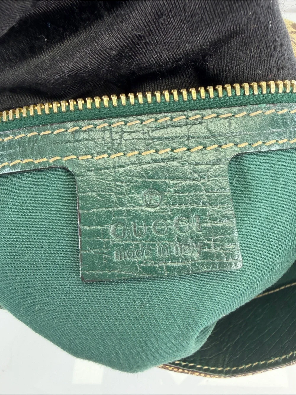 Gucci Beige/Ebony GG Canvas Green Leather Horsebit Hobo Bag